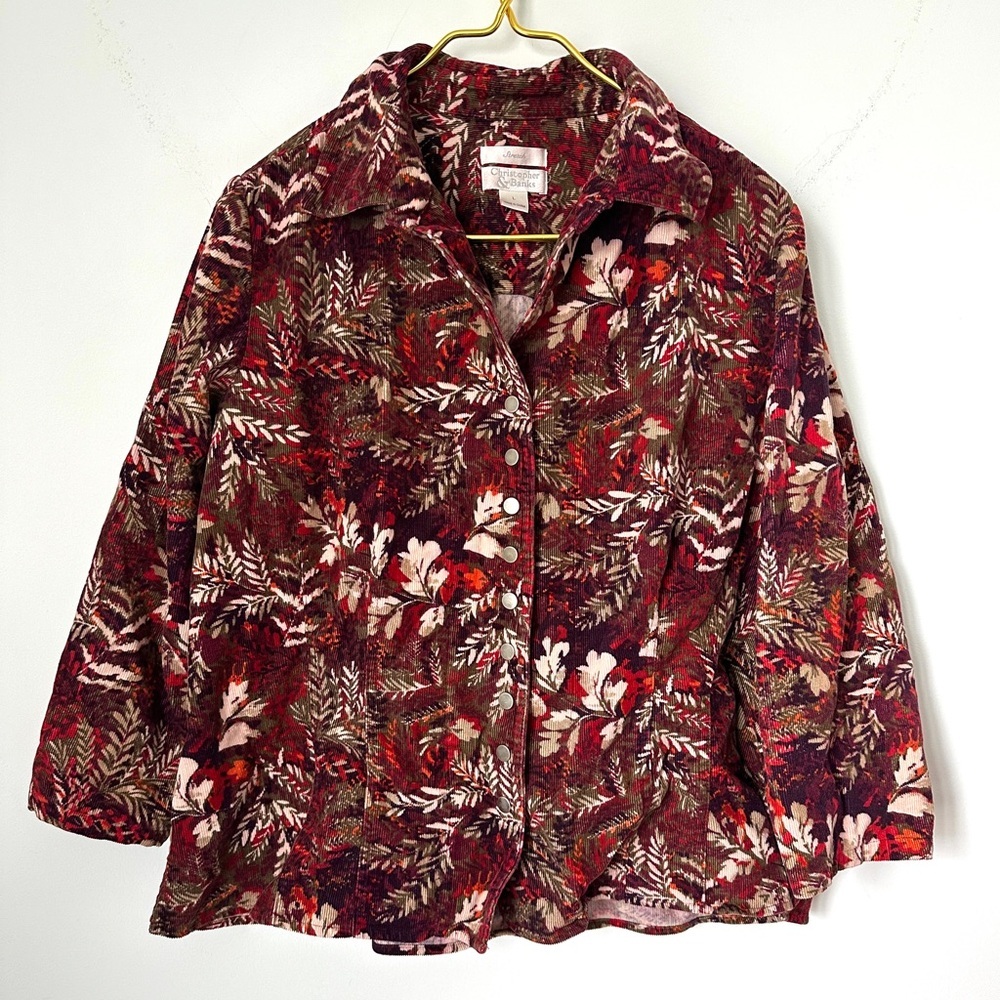 Christopher & Banks Red Leaf Corduroy 3/4 Sleeve Snap Front Shirt Jacket Large